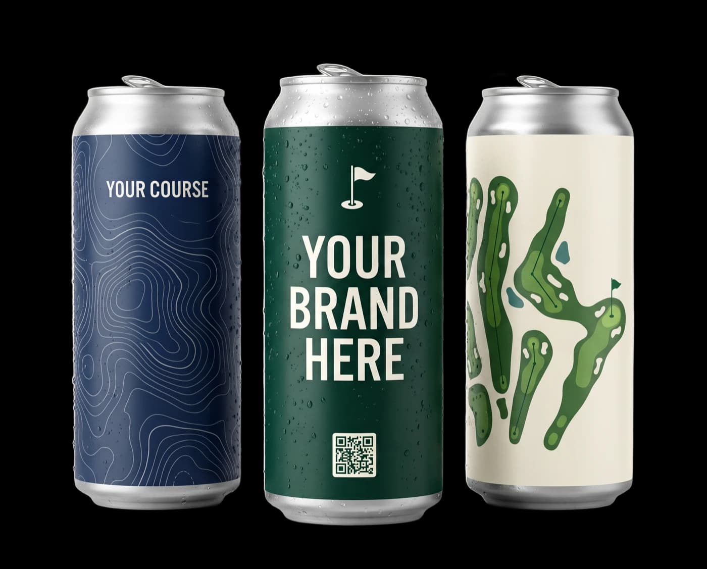 Three custom branded aluminum water cans for a golf course, the center can showing a QR code