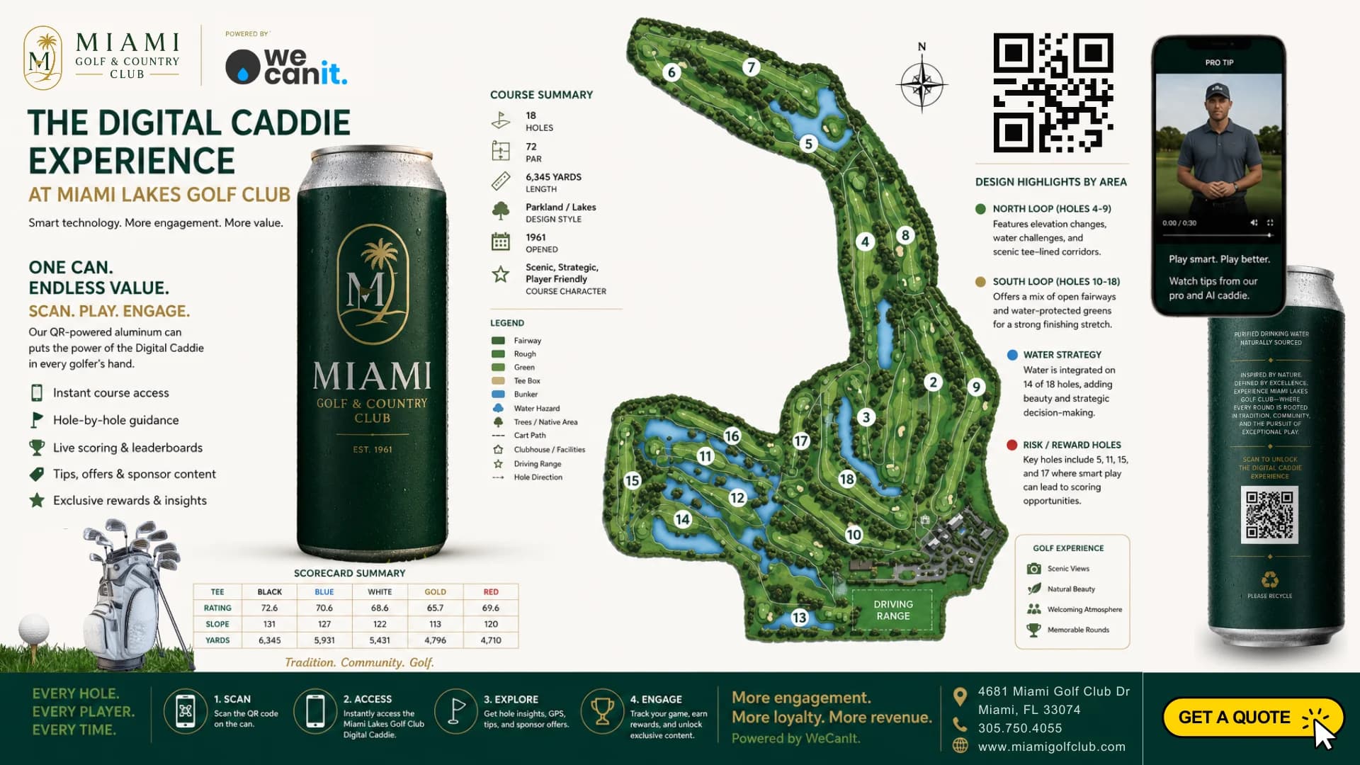 Digital Caddie Experience strategy board for Miami Golf & Country Club: course map, scan and engage journey, and the branded can. Click to open a free strategy session.