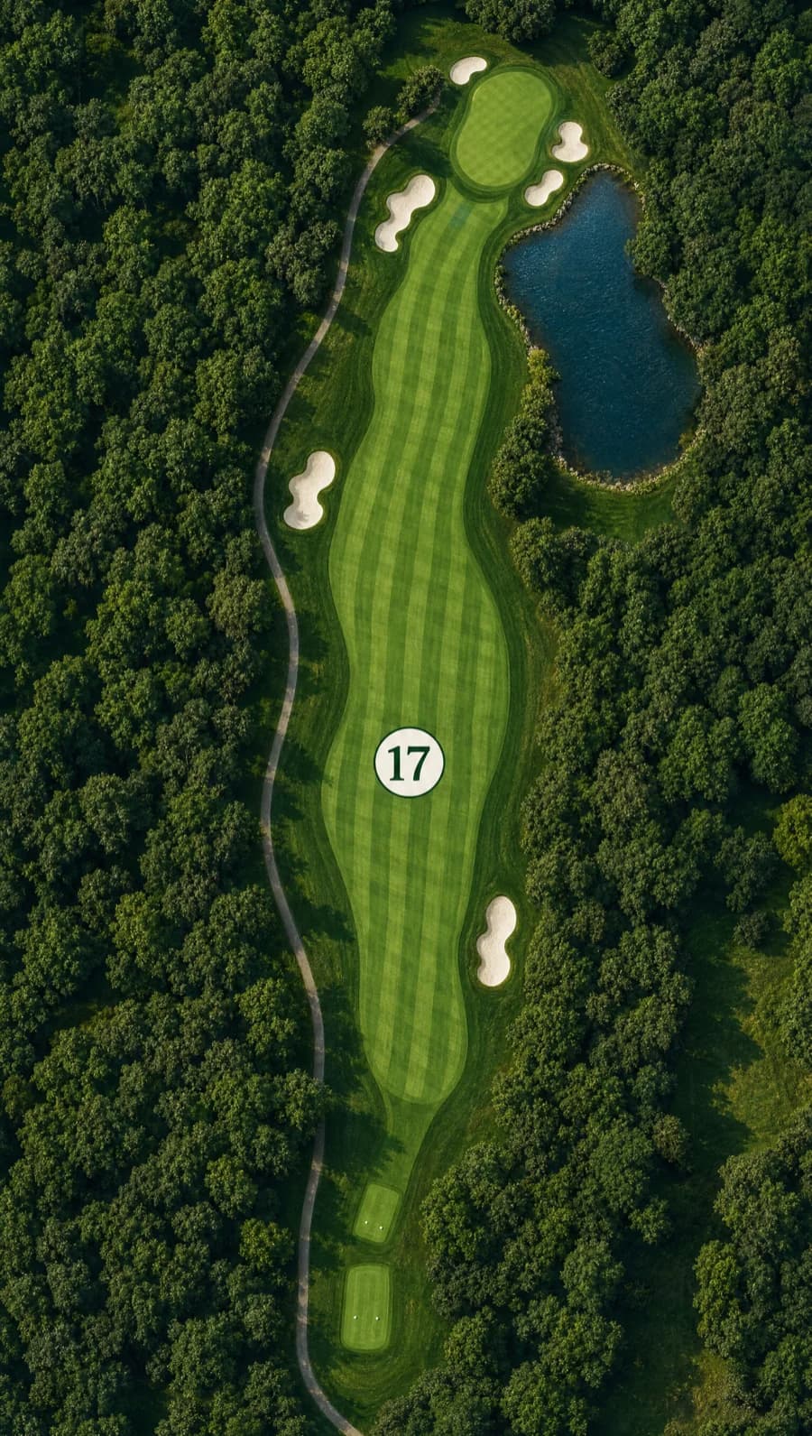 Aerial map of hole 17, a par 4 with water guarding the right side of the green