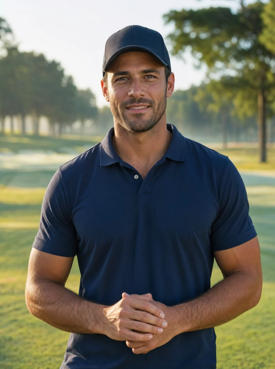 Golf pro in a navy polo and cap on the course, ready to share a tip