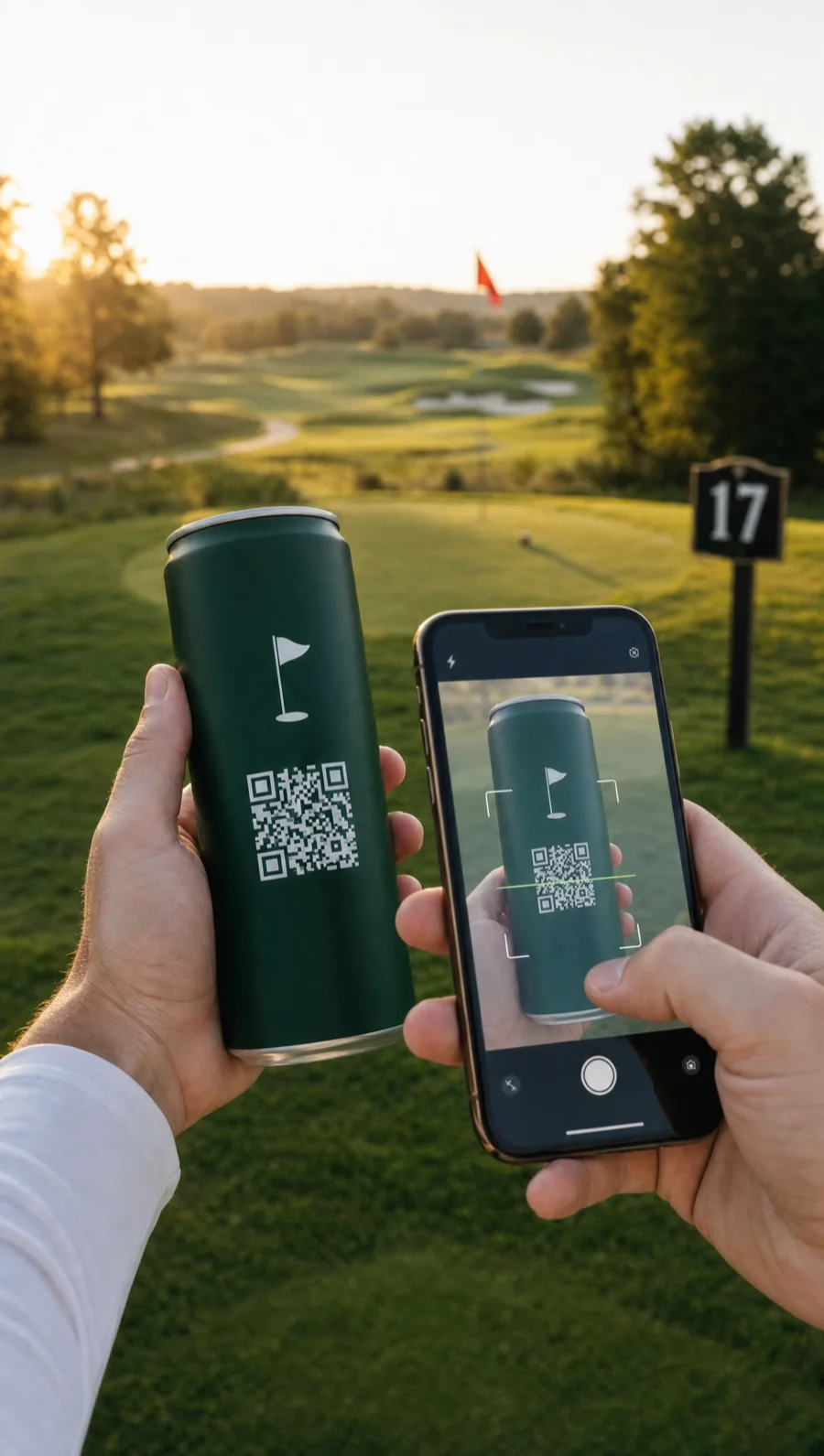 A golfer scans the QR code on the can at hole 17 to open the Digital Caddie