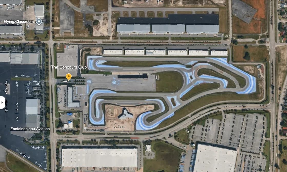 Aerial map of The Concours Club 2+ mile FIA-certified driving circuit in Opa-Locka, FL