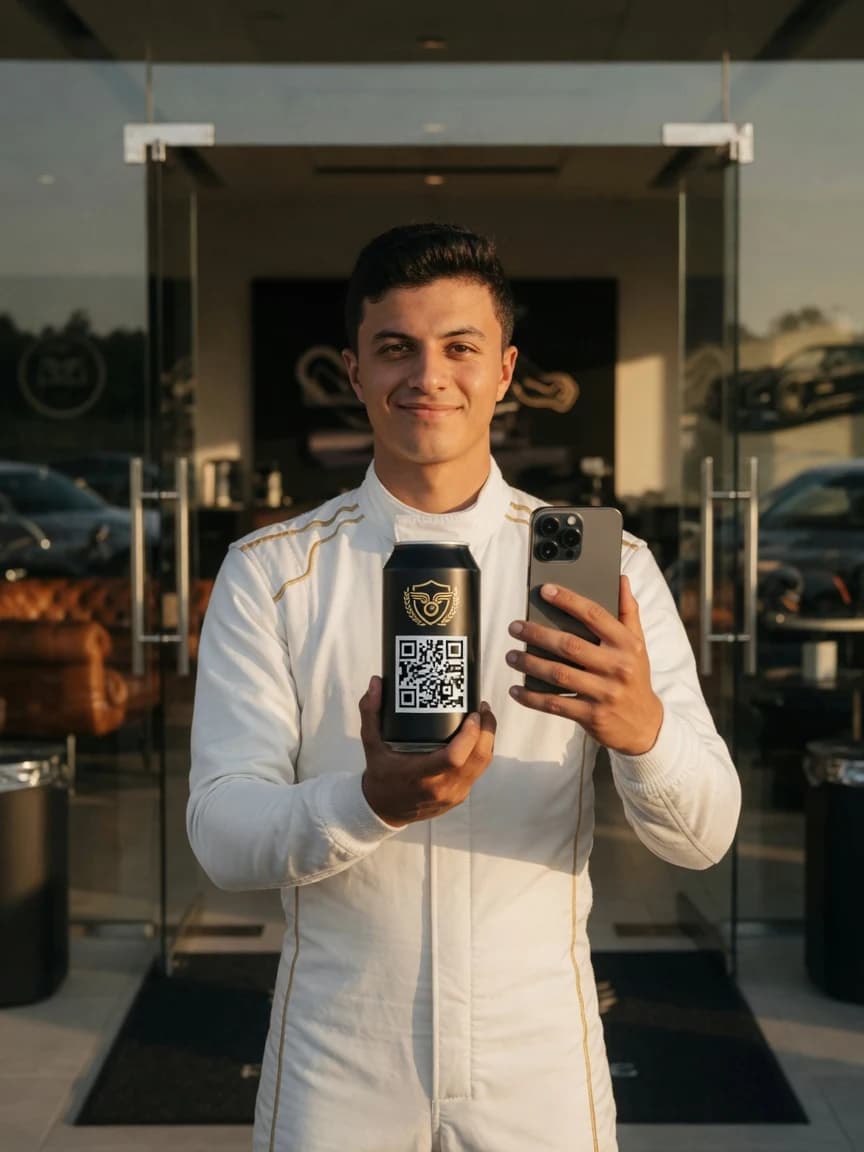 A driver scans the QR code on the can at the paddock lounge to open the Digital Pro Pilot