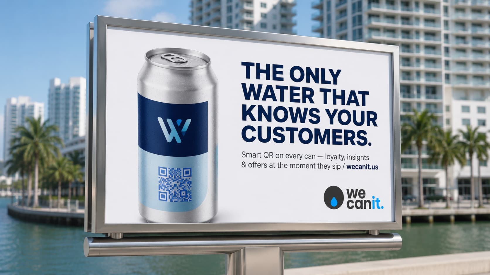 Branded We Can It can with a QR code on a Miami backdrop