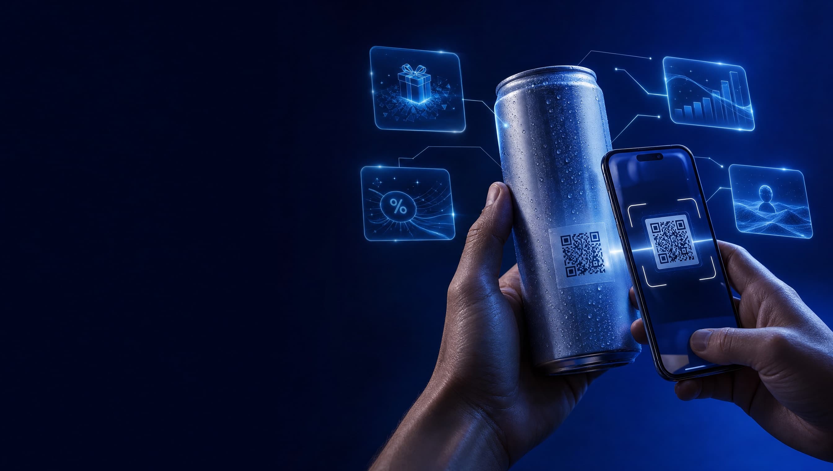 A hand holding a frosted We Can It aluminum can while a smartphone scans its QR code, opening holographic loyalty, offers, data and experience panels