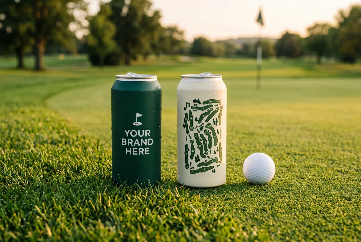 Branded golf course water cans placed on a course