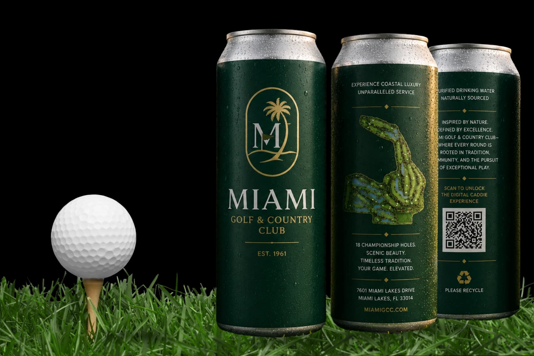 Miami Golf & Country Club branded water cans with a golf ball on a tee
