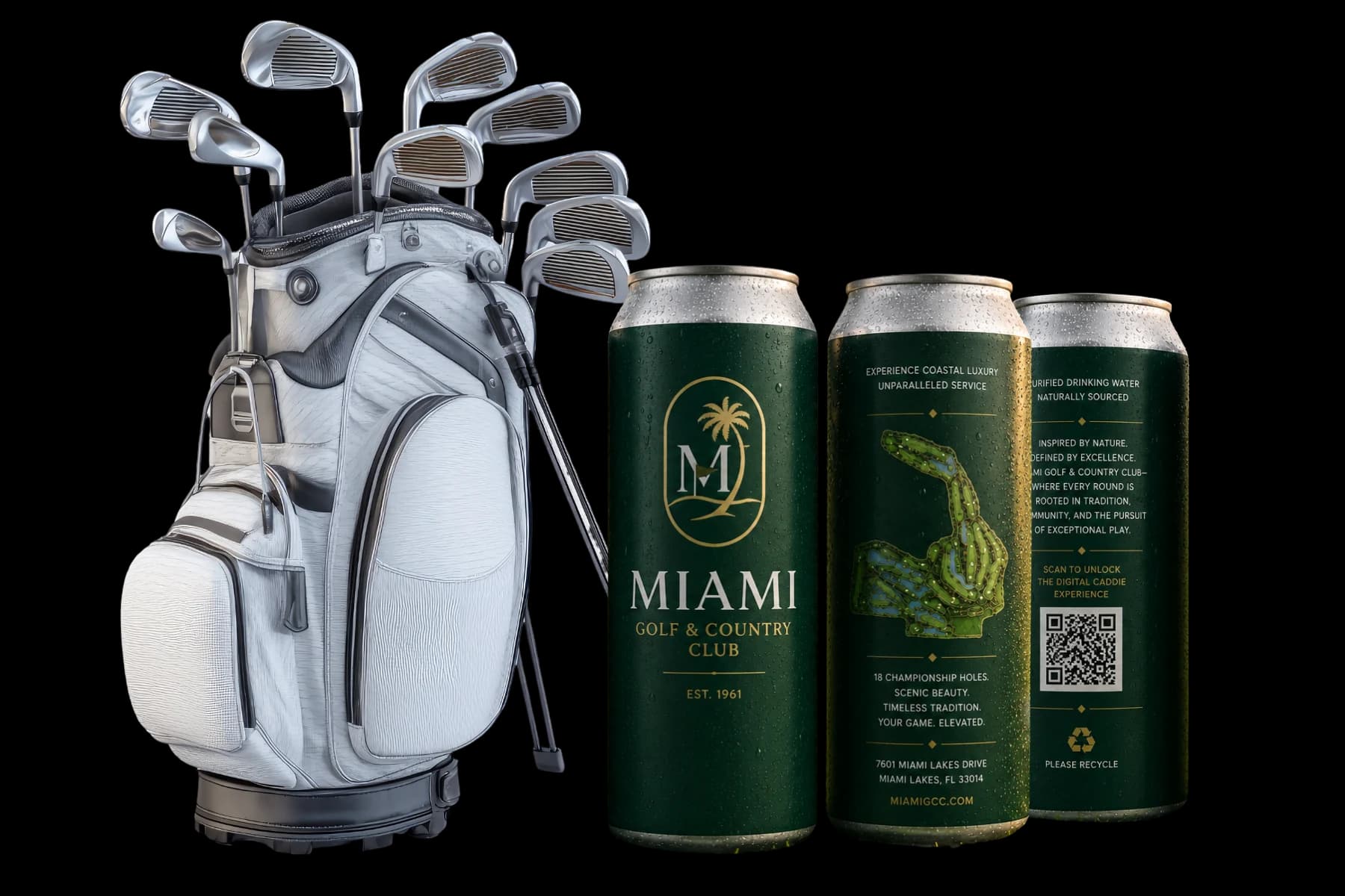 Miami Golf & Country Club branded water cans beside a golf bag of clubs