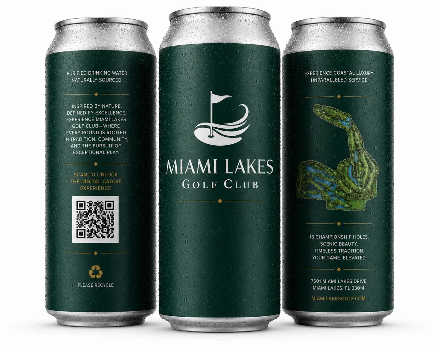 Three Miami Lakes Golf Club branded water cans showing the club crest, course map, and Digital Caddie QR code