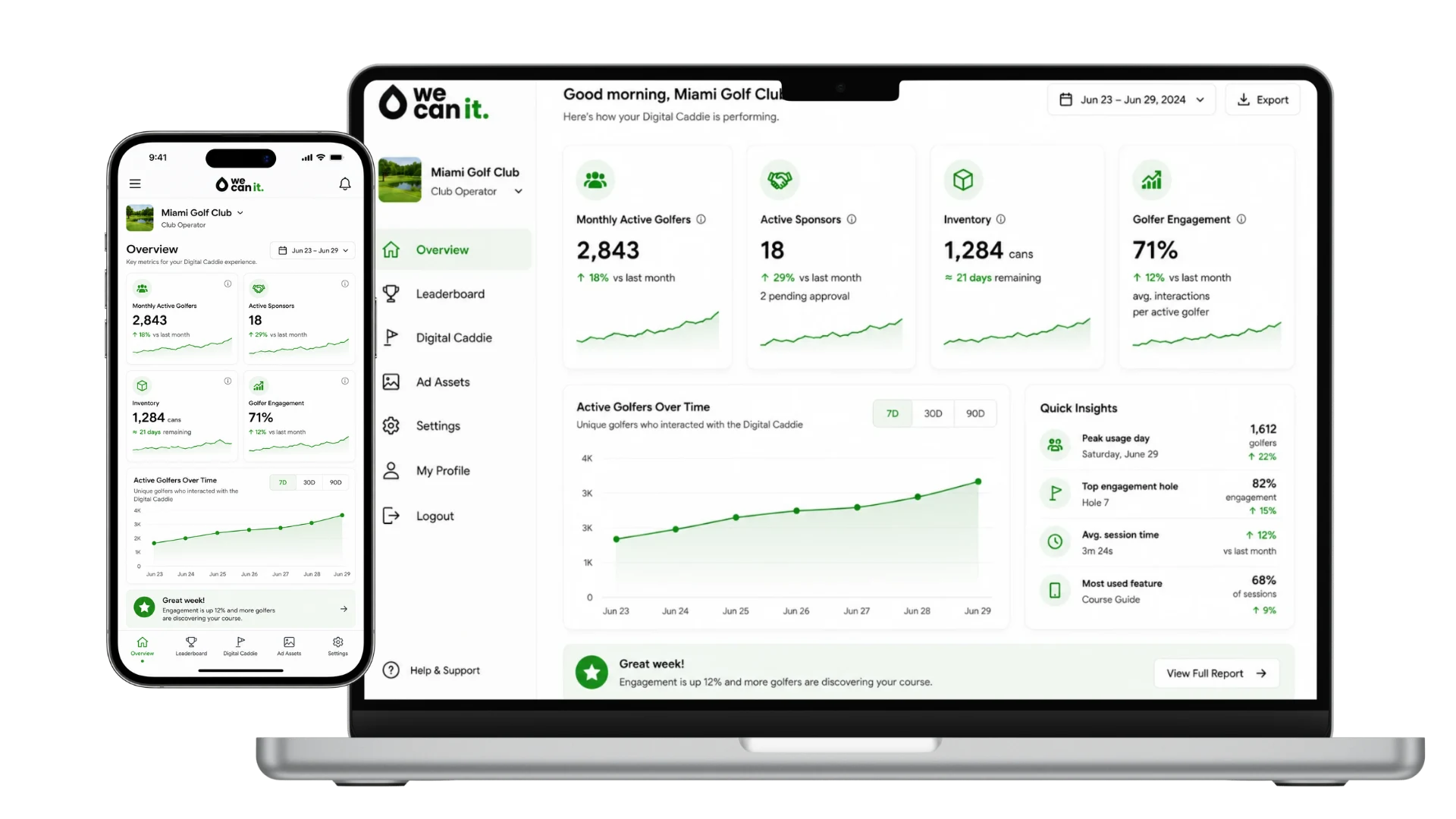 We Can It operator portal showing the Miami Golf Club Digital Caddie dashboard on laptop and phone