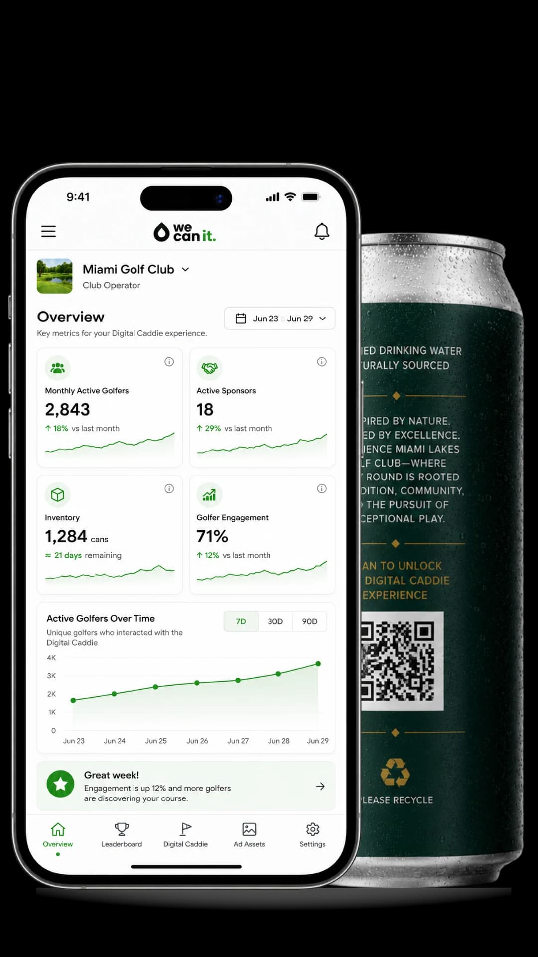 We Can It operator portal Digital Caddie dashboard on a phone beside a branded can
