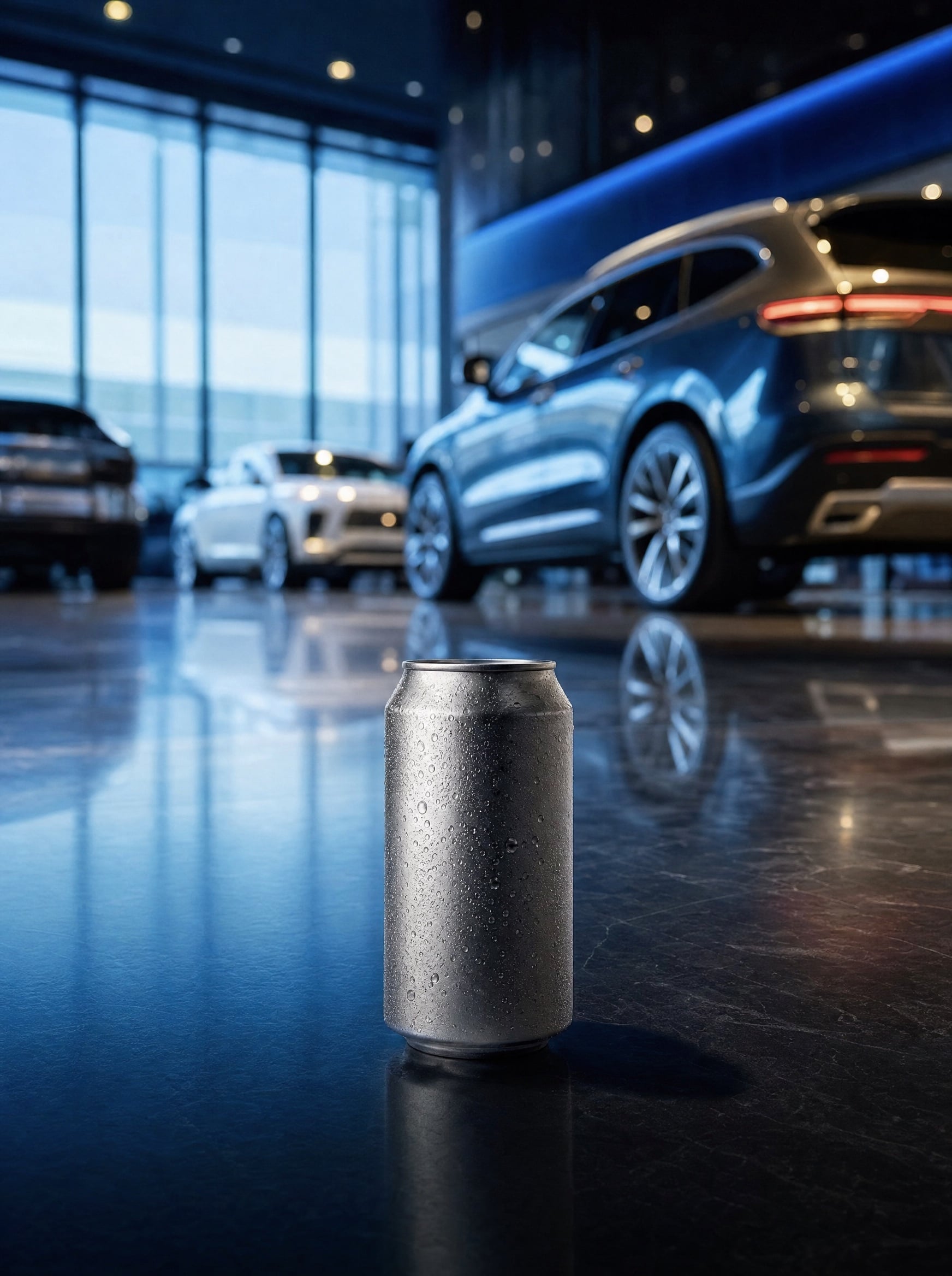 A frosted branded can in a modern luxury car dealership showroom