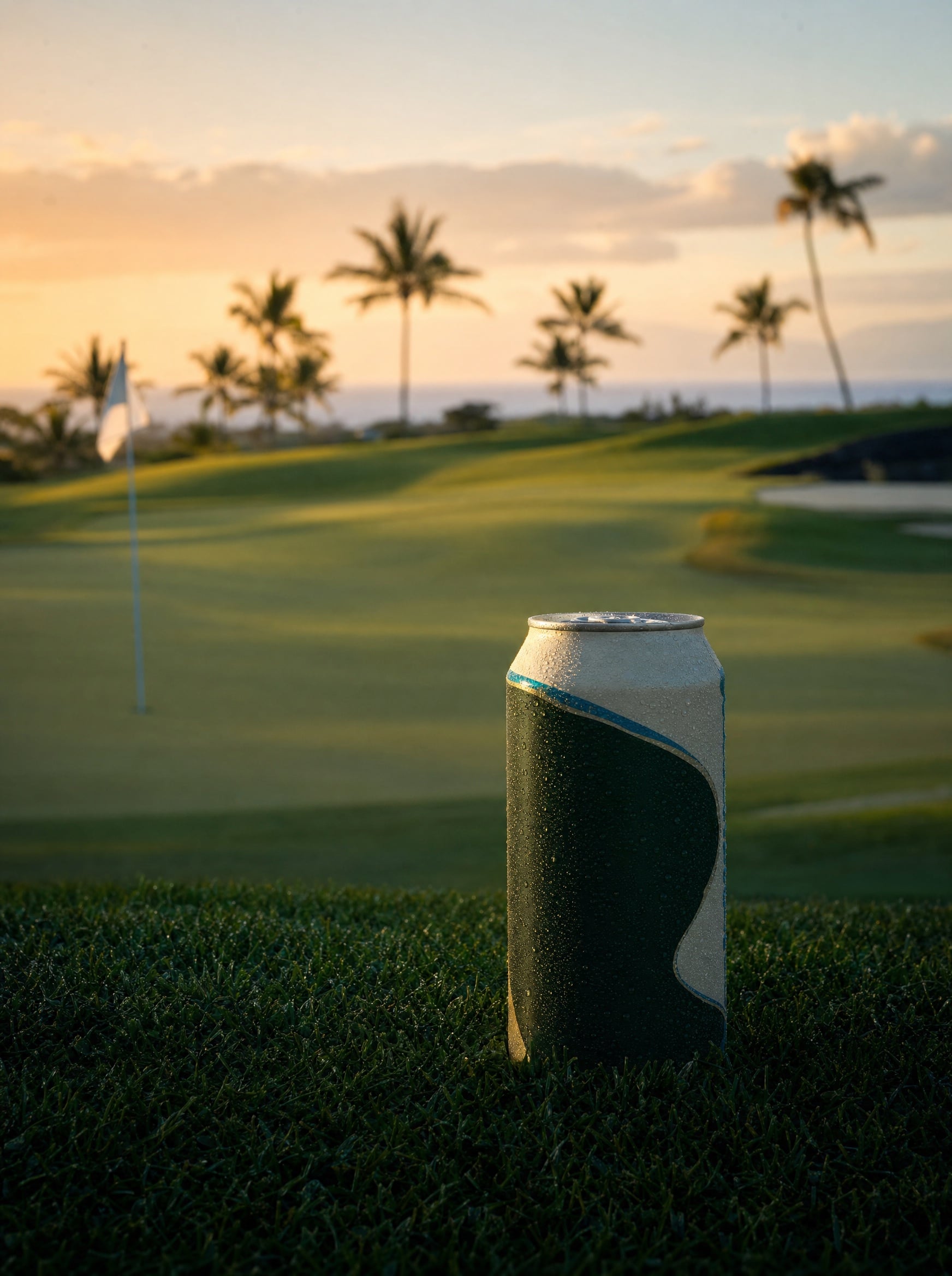 A frosted branded can on a golf course green at golden hour