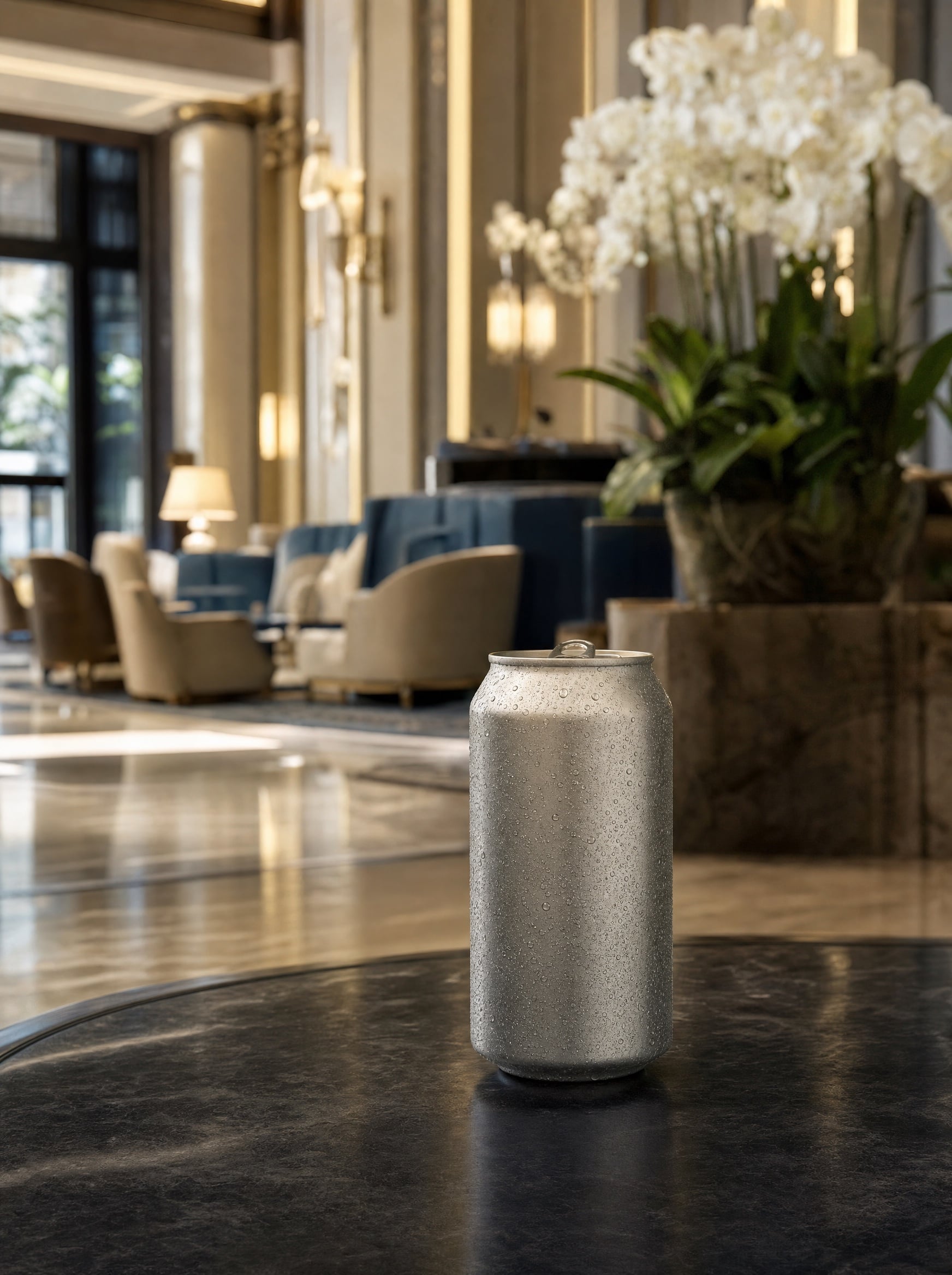 A frosted branded can on a marble table in an elegant hotel lobby