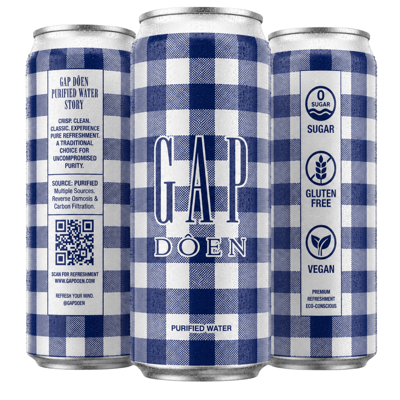 GAP Doen purified water three-can set showing front, story and nutrition panels