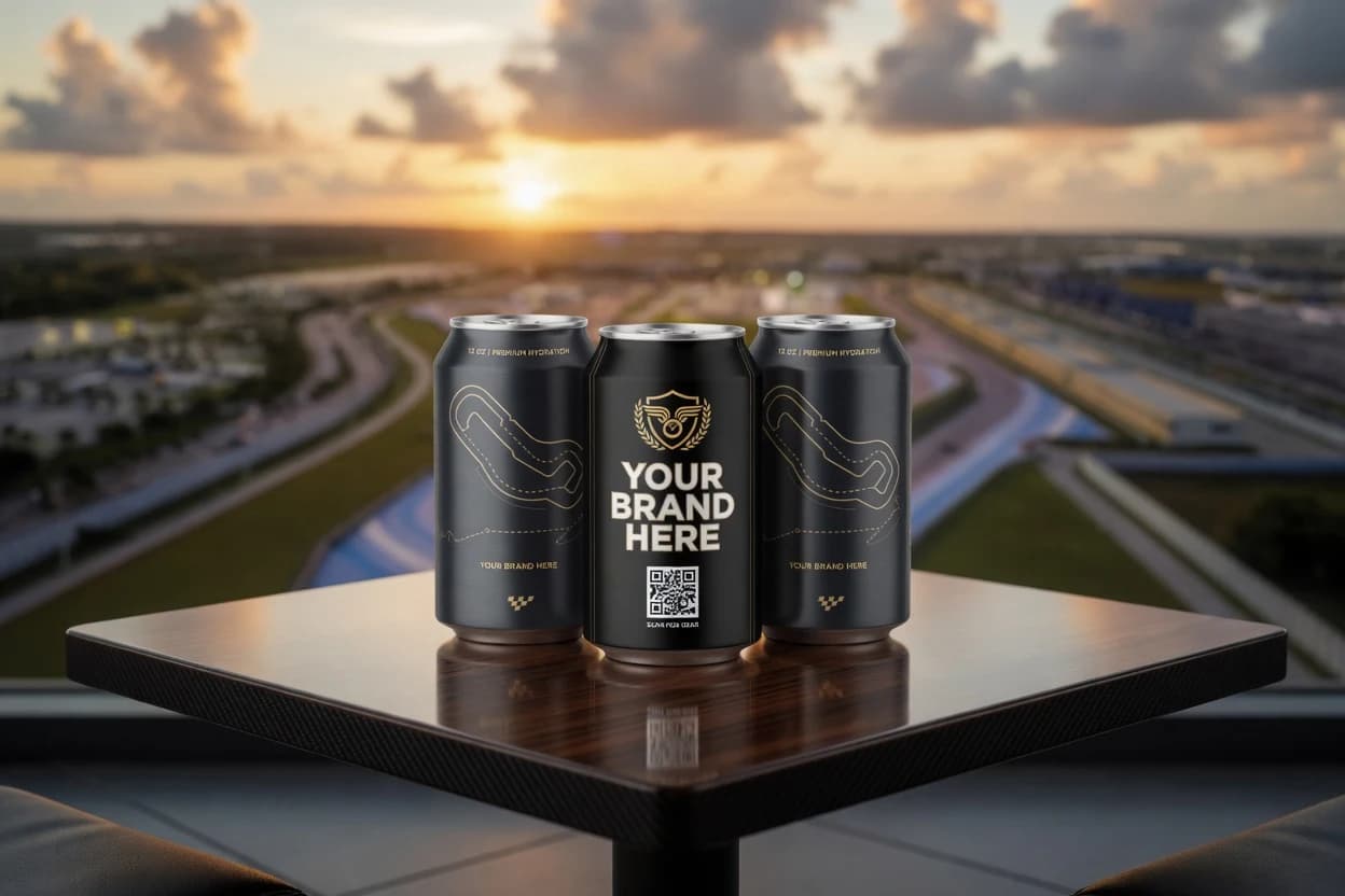 Branded race track water cans placed at a circuit paddock