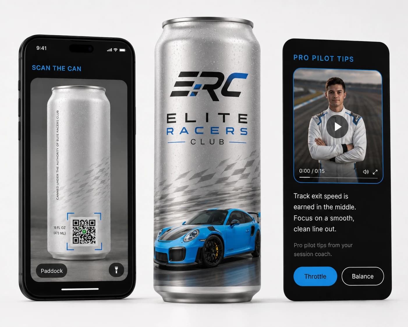 Elite Racers Club branded water can with Digital Pro Pilot scan and Pro Pilot tips phone screens