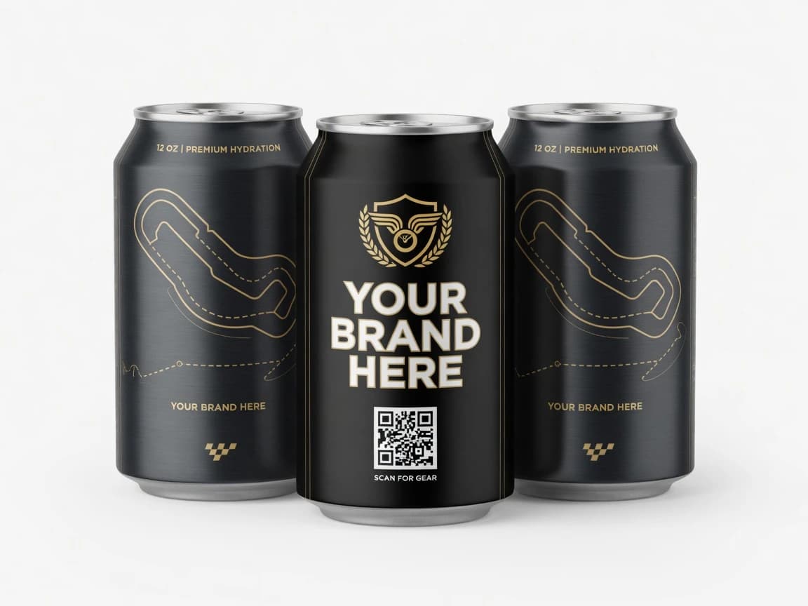 Three Concours Club branded water cans showing the crest, circuit map, and Digital Pro Pilot QR code